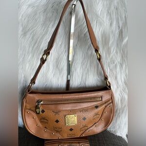 MCM Tan Leather Studded Shoulder Bag